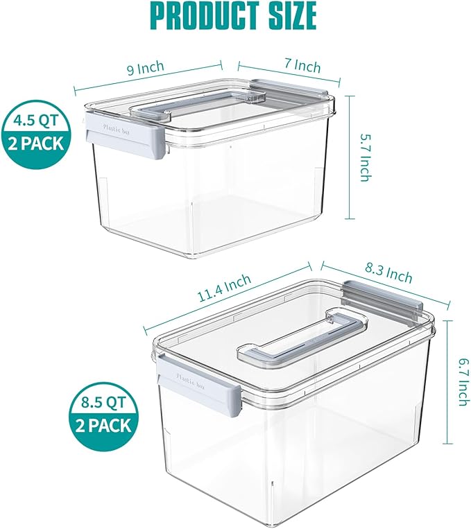 Plastic Storage Bins with Lids Stackable organization and Storage Containers for Organizing Snacks Crafts Tools Clear Storage Box with Latching handle(Clear 2PCS-4.5QT 2PCS-8.5QT)