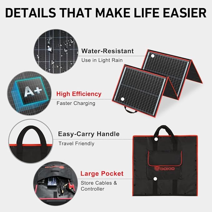 DOKIO 150W Portable Foldable Solar Panel Kit Compact 21x20in Design 7.3lb with Standalone Controller and USB Monocrystalline Charger for 12V Batteries Power Stations RV Camping Emergency Use