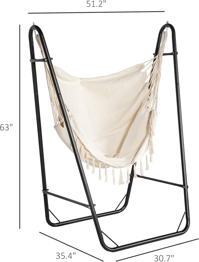 Outsunny Patio Hammock Chair with U Shape Stand Outdoor Hammock Swing Hanging Lounge Chair with Side Pocket Black/Cream White