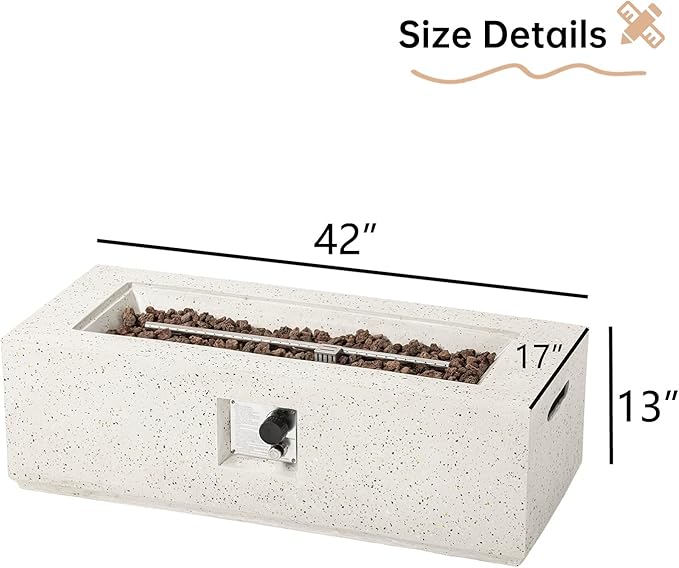 HOMPUS Outdoor Propane Fire Pit 44-inch x 17-inch Rectangle White Terrazzo Concrete Fire Table with Lava Rocks and Rain Cover 50000 BTU Gas Fire Pit for Patio Deck or Backyard