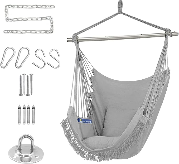 Gold Armour Hammock Chair Hanging Rope Swing Max 500lbs 2 Seat Cushions Included Hanging Chair with Pocket-Quality Cotton Weave for Superior Comfort &amp Durability (Gray)