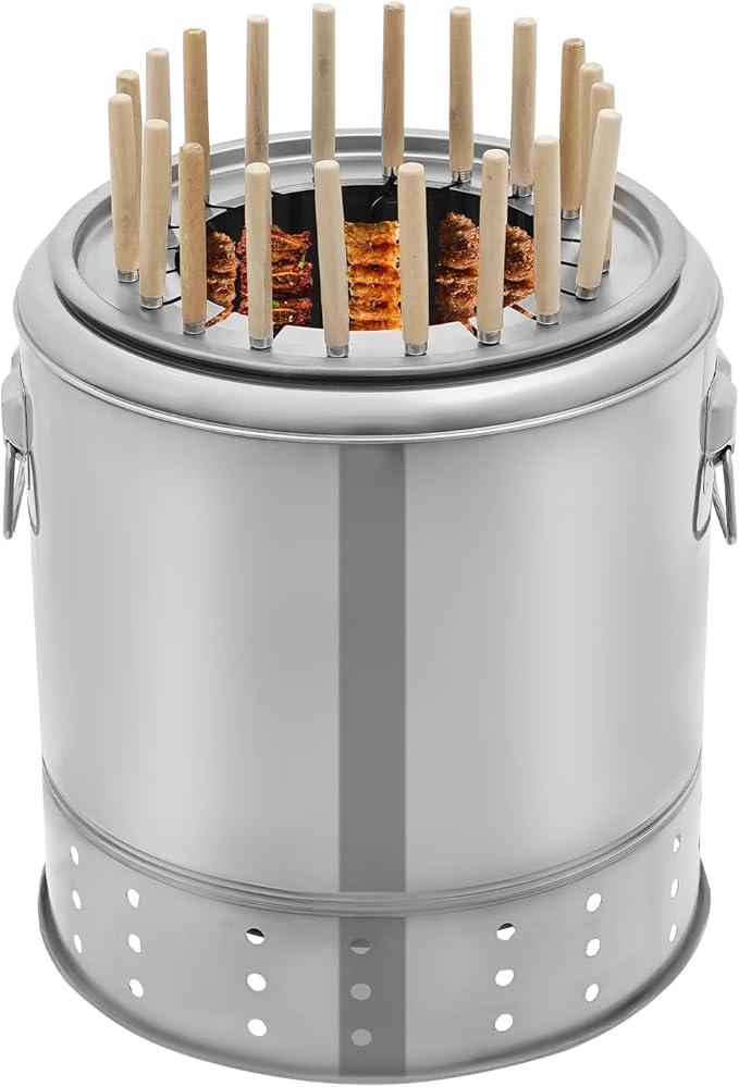 Portable Charcoal Grills 2 in 1 Vertical Smoker 360° Smokeless Stainless Steel BBQ Grill Barrel for Outdoor Barbecue Camping And Backyard Cooking (Medium-20 Skewers)