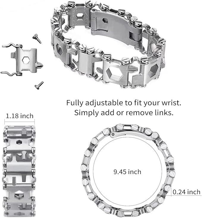 Multitool Bracelet 29 in 1 Tools Bracelet for Men and Women Stainless Steel Multi-Functional Tool Utility Wrist Survival Band for Sailing Travel Camping Hiking-Silver