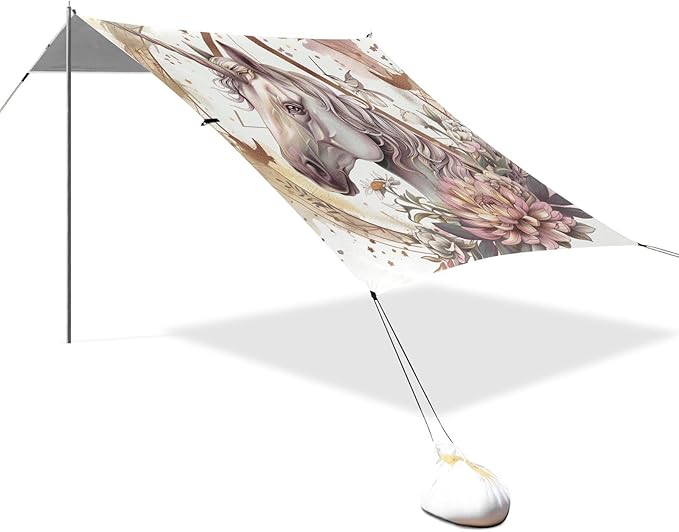 ALAZA Unicorn Flowers Golden Geometric Circles Triangles Beach Tent Sun Shelter Portable Canopy Sunshade for Outdoor Camping Picnics Backyard Fun 10x9 ft