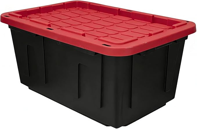 (2 Pack) 27 Gallon Large Storage Bin with Snap Lid Black and Red Heavy Duty Plastic Storage Container Stackable with Secure 2-Point Closure Lockable Holes Indoor/Outdoor Use
