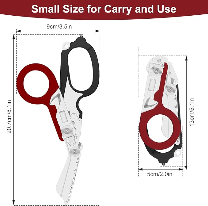 6 in 1 Multifunctional Combination Tool Folding Retractable Emergency Shears Outdoor Camping Tools Seat Belt Cutter Oxygen Cylinder Wrench Complimentary Adjustable Wrench (dark red)