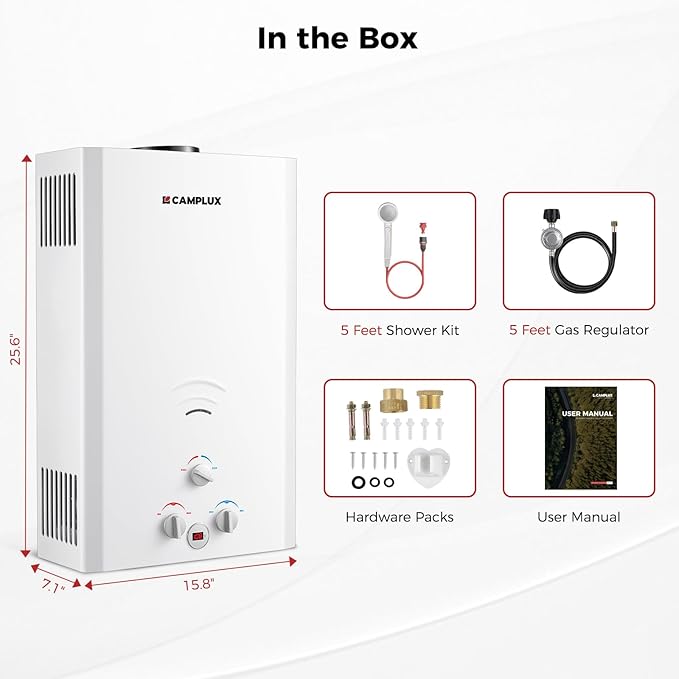 CAMPLUX Outdoor Tankless Water Heater Propane 4.22 GPM Propane Tankless Water Heater 16L Outdoor Water Heater for Camping Remote Cabins Tiny House &amp Mobile Home 110000 BTU BW422