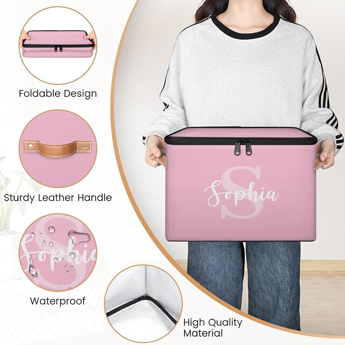Personalized Closet-Storage-Bins with Lids HandleStackable Storage Bin for Under BedCube Collapsibl Basket Pink Baby-Keepsake-Box