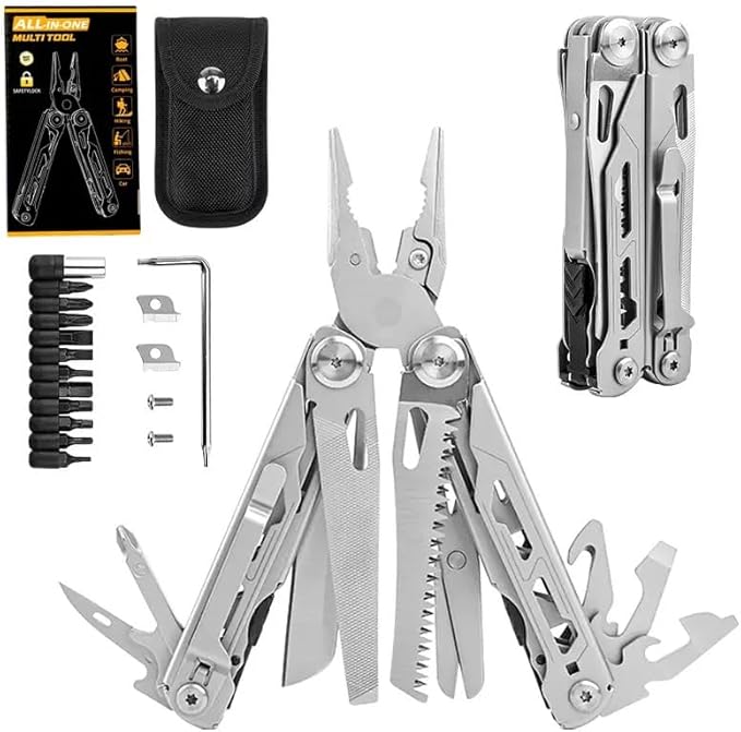 Multitool with Pocket Knife 28-in-1 Stainless Steel Needle Nose Pliers with Screwdrivers Self-locking Multi tool EDC Gear with Sheath Ideal for Survival Outdoor Camping