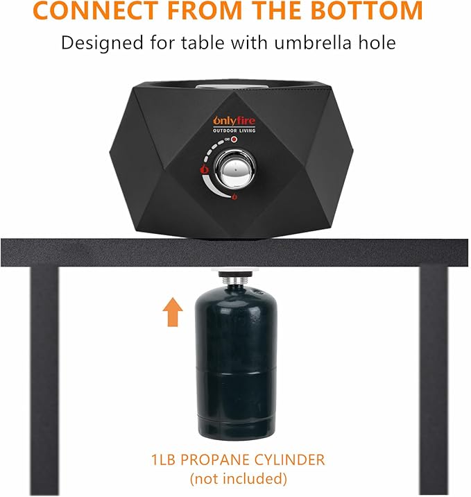 ONLYFIRE OUTDOOR LIVING 14” Modern Tabletop Fire Pit for Table with Umbrella Hole Portable Gas Firepit for 1lb Propane Gas Patio Backyard Porch Camping RV Tailgating Bottom-Mounted FP003