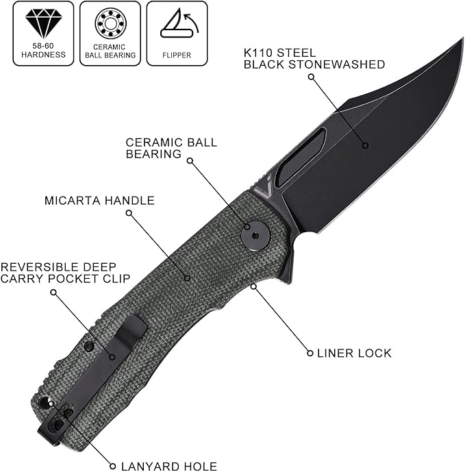 Petrified fish PFP03 Victor3.58 K110 Satin Blade140g Micarta Handel Flipper Liner lock Folding knife (Black Stonewashed)