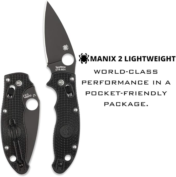 Spyderco Manix 2 Lightweight Folding Pocket Knife with 3.3 CTS BD1N Steel Blade and FRCP Handle - EDC Knife for Men and Women Perfect for Hunting Tactical Camping - PlainEdge - C101PBBK2
