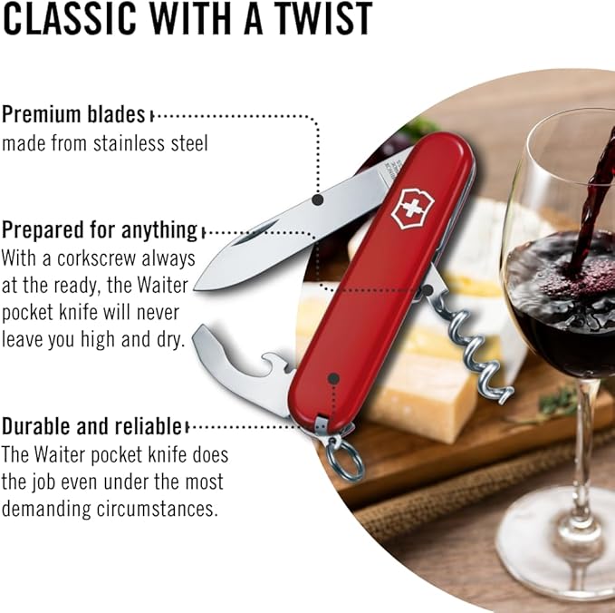 Victorinox Waiter Swiss Army Knife 9 Function Swiss Made Pocket Knife with Large Blade Corkscrew and Bottle Opener - Red