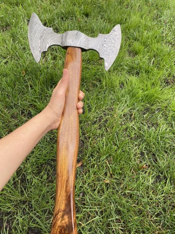 Handmade Damascus Steel Axe Hatchet Viking Axe Double Headed Axe with Leather Sheath