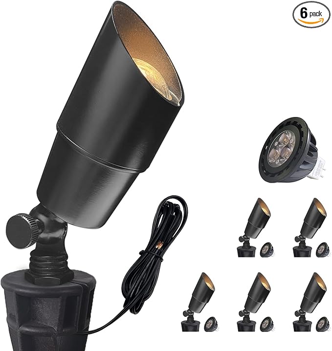 COLOER Brass Low Voltage Landscape Spotlight(Black) 6-Pack with 5W Aluminum Housing MR16 LED Bulb 2700K 450LM CRI85+12V AC/DC Outdoor Uplighting Directional Garden Patio Spot Up Light(101B-Black)