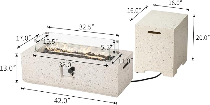 COSIEST 2-Piece Outdoor Propane Fire Pit Table Set w Tank Table 42-inch Terrazzo Rectangle Fire Table (50000 BTU) w 16 inches Tank Cover Side Table 20lb Wind Guard Black Fire Glass Rain Cover