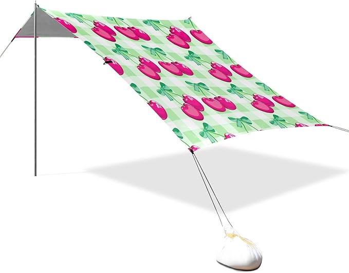 xigua Cherry Beach Tent Sun Shelter with Carrying Bag - Silver Coated Oxford Fabric Beach Canopy for Beach Camping Fishing - Includes Windproof Ropes Sandbags &amp Stakes