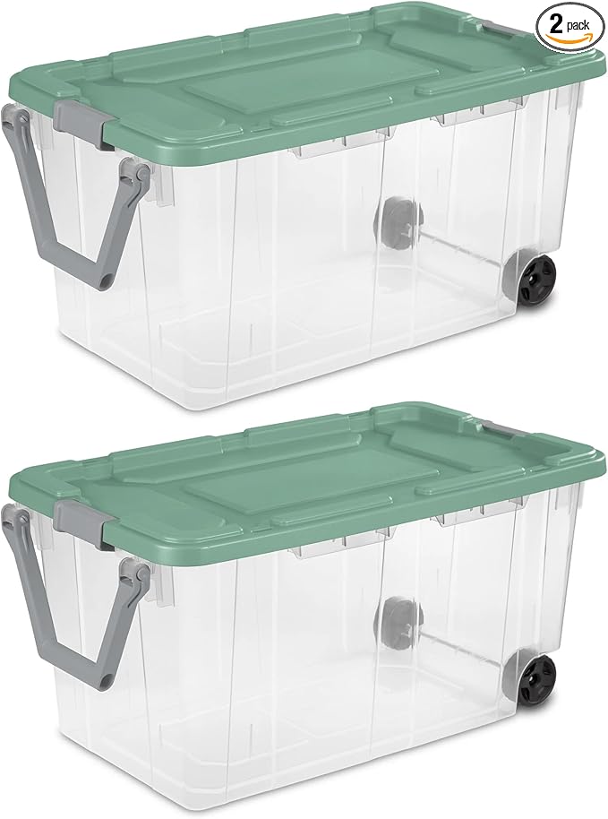 2-Pack 160-Quart Extra Large Capacity Storage Containers Durable Transparent Bin with Leak-Proof Lid Wheeled Portable Heavy-Duty Organizer Stackable for Outdoor Garage Storage Green and Clear