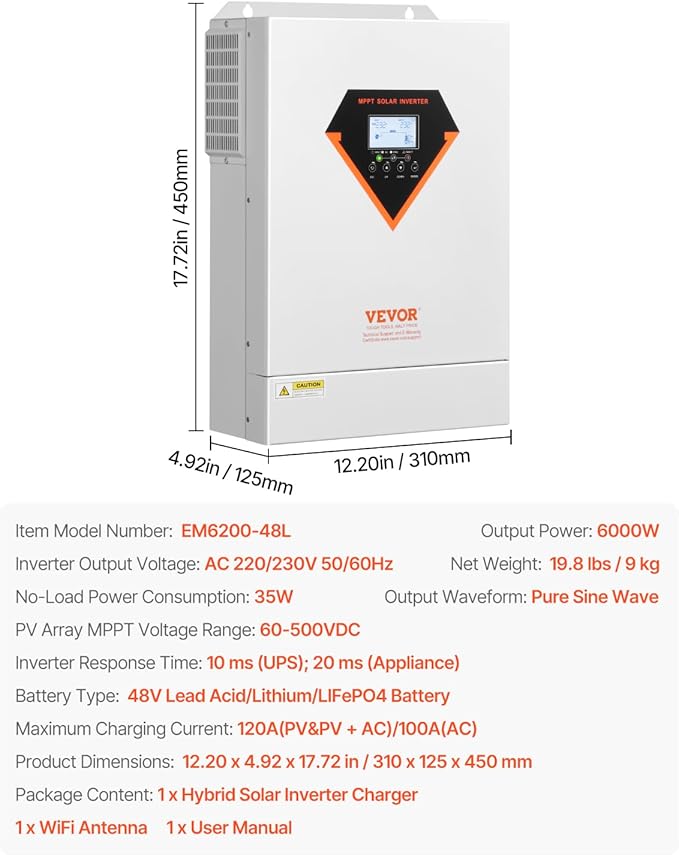 VEVOR Hybrid Solar Inverter 6000W Single Phase Pure Sine Wave Power Inverter 48V DC to 220/230V AC with Built-in 120A MPPT Solar Charge Controller for Off-Grid System Lead Acid Lithium Battery
