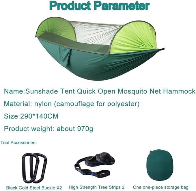 Wild Campingportable Hammock Standmade of Nylon Quick Opening 2-in-1 Automatic Mosquito Hammock User-friendly Storage Bag Design Suitable for Camping Beach and Other Scenes(Blue)