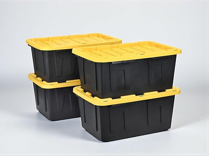 Heavy-Duty Storage Tote with Lid Black and Yellow 27 Gallon 30.6 W x 20.6 D x 14.3 H (4 PACK)