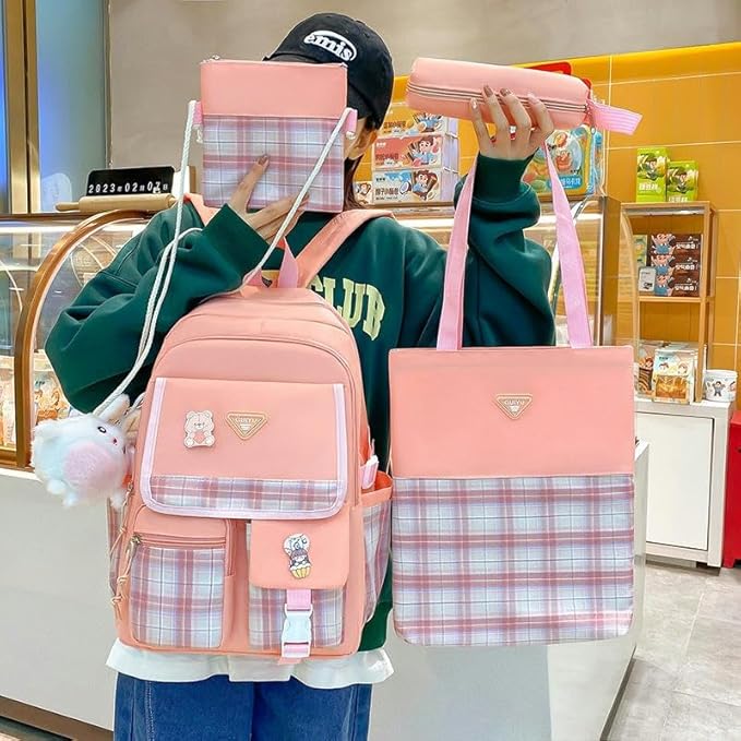 Rucksack Shoulder Bag Small Fresh Plaid Large Capacity Backpack Four Pieces Backpack Fashion Shoulder Bag Handbag