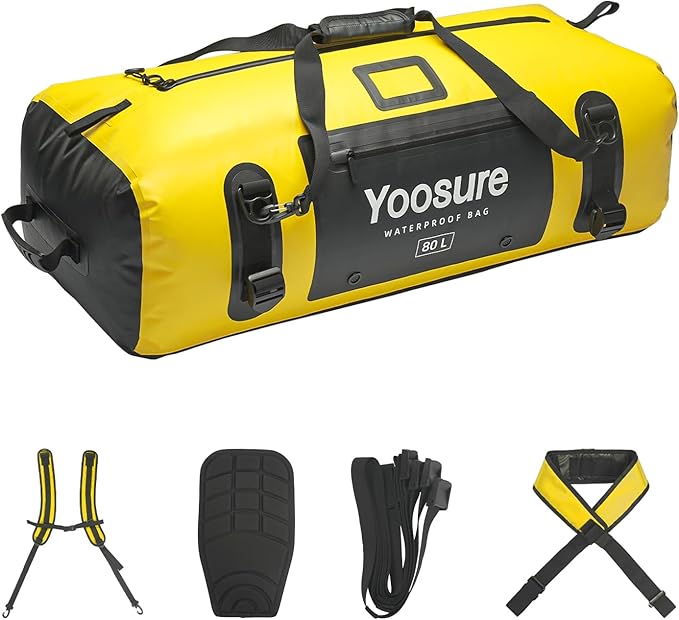 80L Waterproof Duffel Bag Motorcycle Dry Bag Backpack Waterproof Zippered Bags with Backpack Spacer Pad for Kayaking Rafting Boating Canoeing Camping Paddle Beach (Yellow)