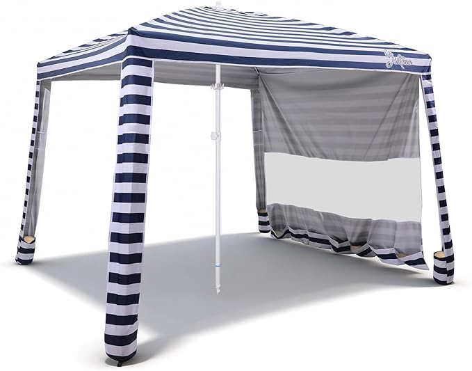 Jihfmo 8x8 Ft Large Beach Cabana Tent UPF 100+ Windproof Sun Shelter for Family - 64 Sq Ft Big Shade Canopy with Sand Anchors &amp Cooling Silver Glue Coating Easy Setup Portable Sunshade - Blue St