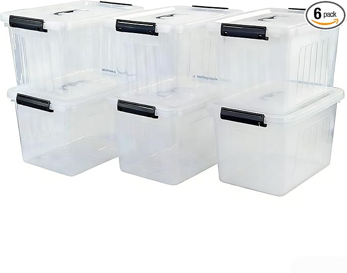 Plastic Storage Bins with Lids 6 Pack Storage Organizer 10 L Stackable Storage Bins with Buckle-Up Latches and Handle Storage Totes for Home Office Pantry Organization Clear