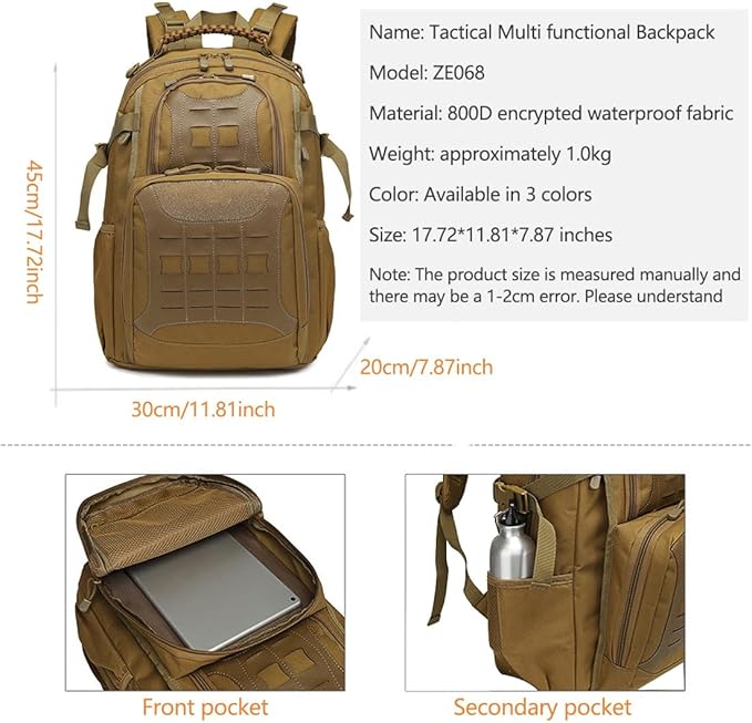 45L Military Tactical Backpacks Molle Army Assault Pack 3 Day Bug Out Bag Hiking Treeking Rucksack Bag (Mud Color)