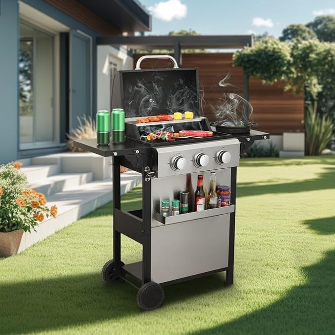 3-Burner Propane Gas BBQ Grill Stainless Steel Propane Grill 36900 BTU Outdoor Cabinet Style with Wheels Wire Rack and Two Foldable Side Table for Outdoor Barbecue Cooking (3-Burner GrillSilver)
