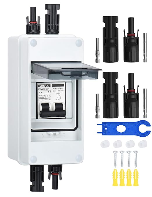 DIHOOL 30 Amp Solar Disconnect Switch Miniature Circuit Breaker with din Rail Enclosure Outdoor Box for Solar Panels