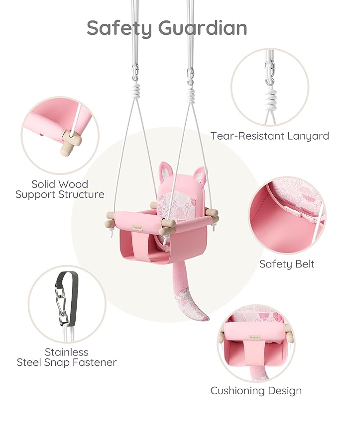 Wooden Baby Swing with Safety Belt - Adjustable Infant &amp Toddler Swings for Indoor/Outdoor Use Includes Mounting Hardware (Fox Design Pink)