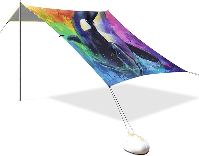 ALAZA Killer Whale Portrait Rainbow Beach Tent Sun Shelter UPF50+ Protection Beach Shade Canopy w/ 4 Sandbags for Outdoor Camping Fishing Backyard Fun Picnic 10x9 ft