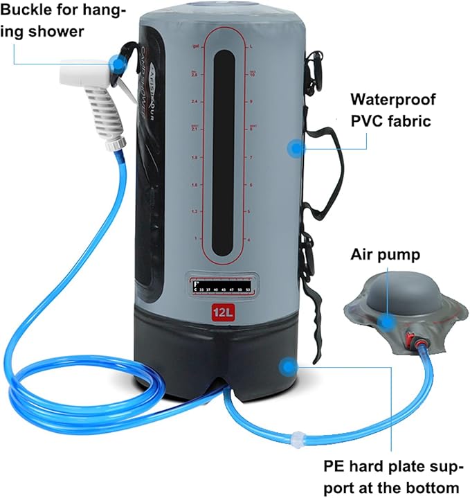 12L Camping Pressure Shower Bag Portable Solar Water Bag with Foot Pump and Shower Head for Hiking Picnic Swimming