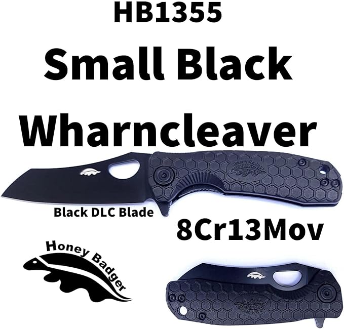 HB1355 Honey Badger Pocket Knife Folding Knife for EDC Wharncleaver Outdoor Tactical Survival Camping Small Black Wharncleaver No Choil 8Cr13Mov Black DLC
