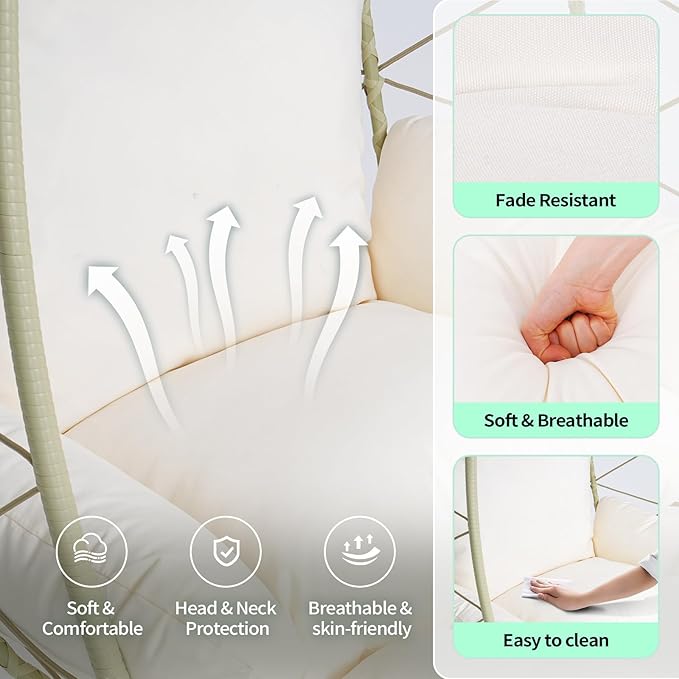 Hanging Egg Chair with Stand Outdoor Indoor Patio Rattan Swing Hammock Chairs with Washable Cushion PE Wicker Swing Chair for Backyard Bedroom Garden (Cyan + White Cushion No Footrest)