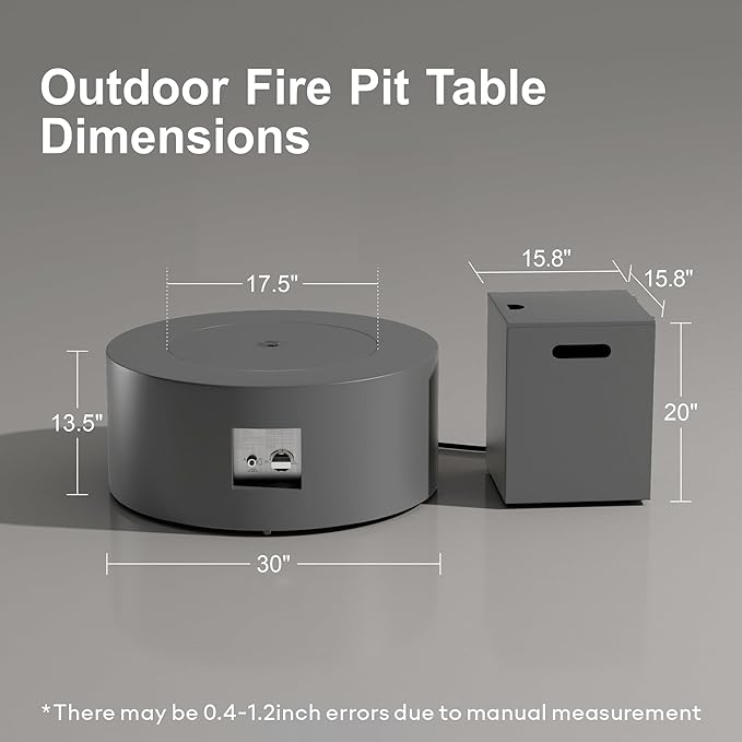 30' Outdoor Fire Pit Table with 50000 BTU Output Premium Gas Fire Pit Tables for Outside Patio Round Propane Fire Pit with Glass Stones Waterproof Cover (Grey/Warm Light 30 LED)