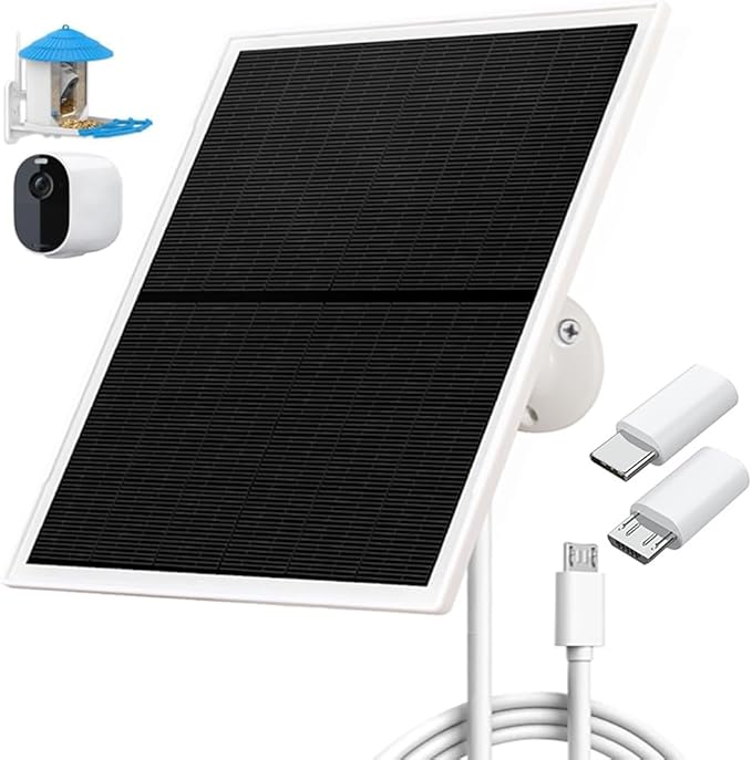 Solar Panel Charger for Outdoor Security Cameras -10W DC 5V Compatible with Micro USB &amp Type-C Rechargeable Battery Cameras9.8Ft Charging CableIP66 Waterproof (White)