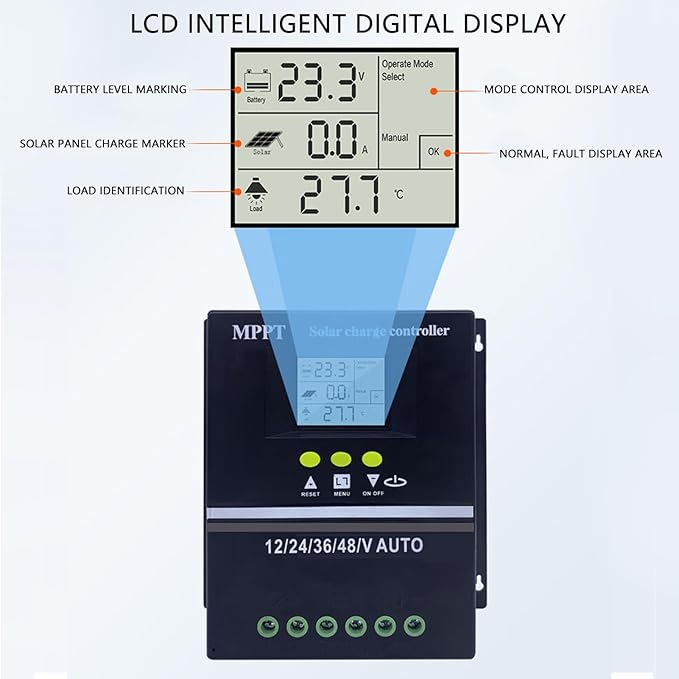 MPPT Solar Controller 12V/24V/36V/48V Auto60A 80A 100A 200ALCD Display7 Working Modes Multifunctional Max100V Input Dual USB 5V Charging Ports Battery with Seal Gel Flooded LifePO4