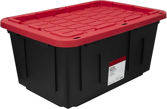 K&ampJ CHIPMUNK 27 Gallon Stackable Snap Lid Plastic Storage Bin Container Black with Red Lid Set of 4