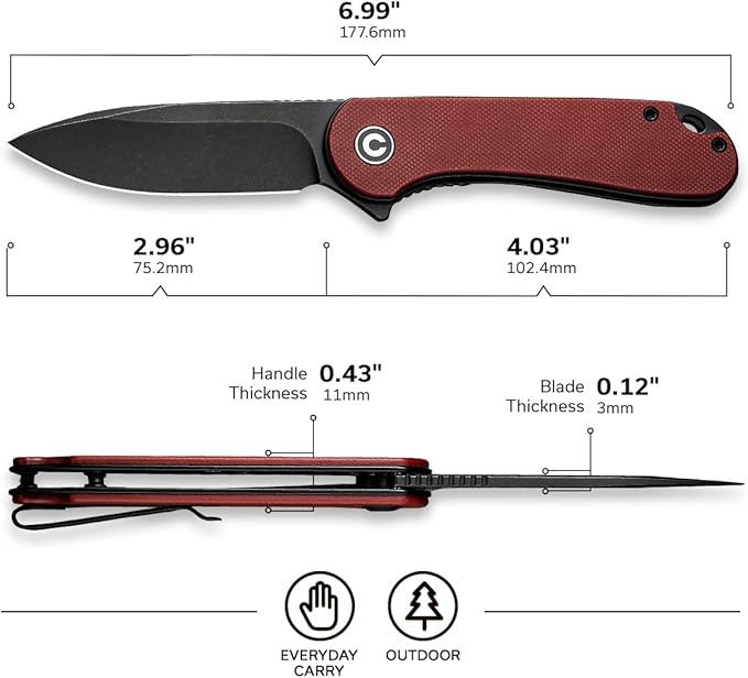 CIVIVI Elementum Pocket Folding KnifeBlack Stonewashed D2 Blade Burgundy G10 Handle Good for EDC Outdoor C907A-1