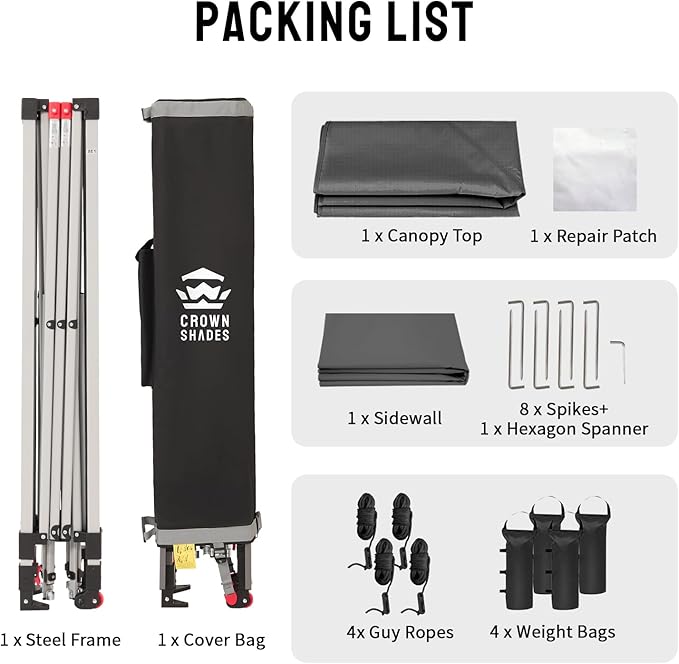 CROWN SHADES 8x8 Pop Up Canopy with 1 Side Wall - Beach Tent with One Push Setup - Outdoor Sun Shade for Events Parties Camping - Gazebo with STO-N-Go Cover Bag (Grid Grey)