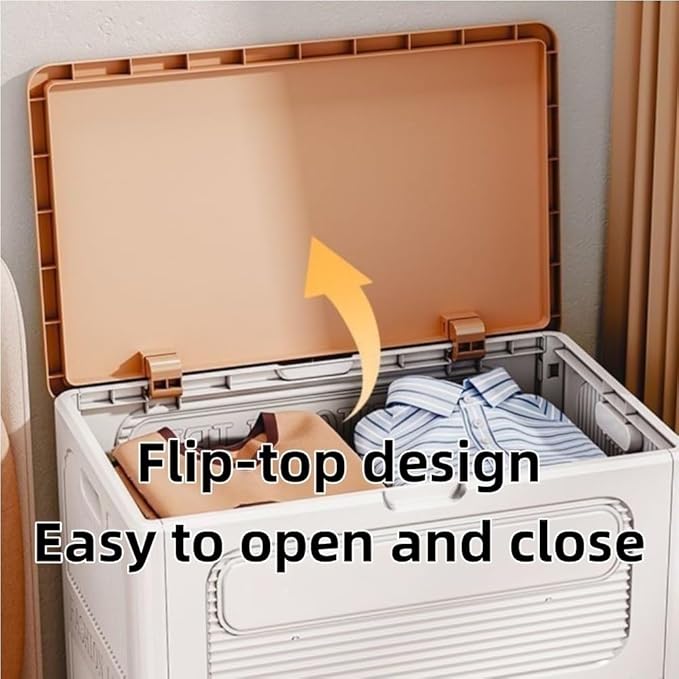 Flip-top Storage Cabinet Clothes Storage Box with 4 Wheels Plastic Foldable Storage Box Multi-functional Storage Bin for Living Room Bedroom(Brown)