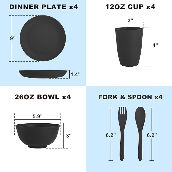Wheat Straw Dinnerware Sets Unbreakable Kids Plates and Bowls Sets 20-Piece Service for 4 Alternative Plastic Outdoor Camping Dishes Microwave &amp Dishwasher Safe - Black