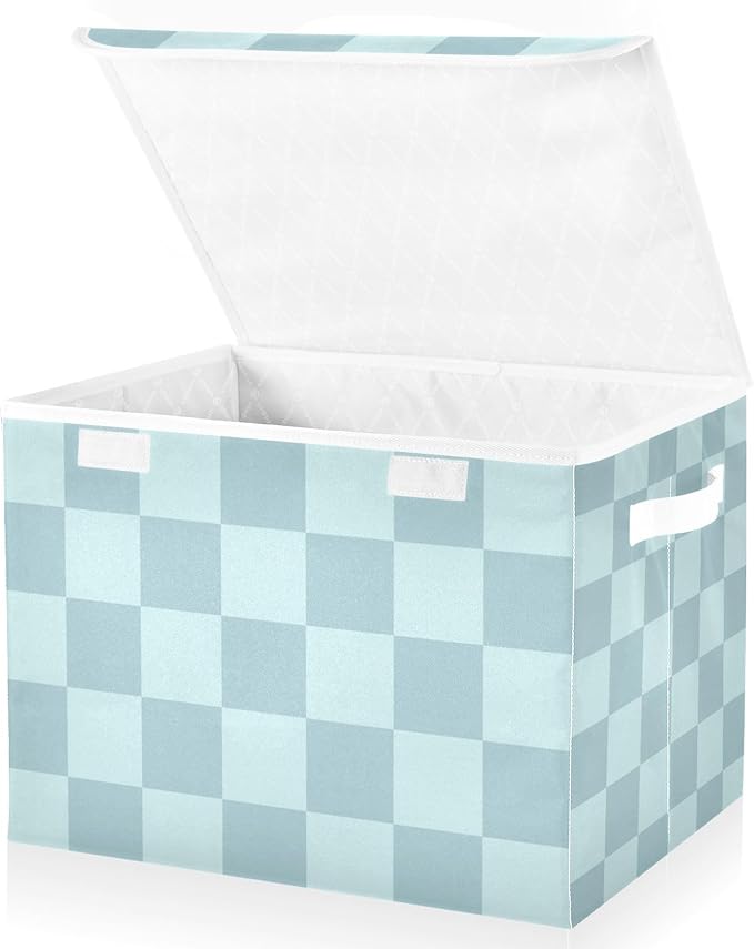 Storage Bins with Lids Storage Containers Storage Box with Handles Storage Organizer Bin Basket for Closet Shelves Clothes Stackable Foldable Checkered Blue 01