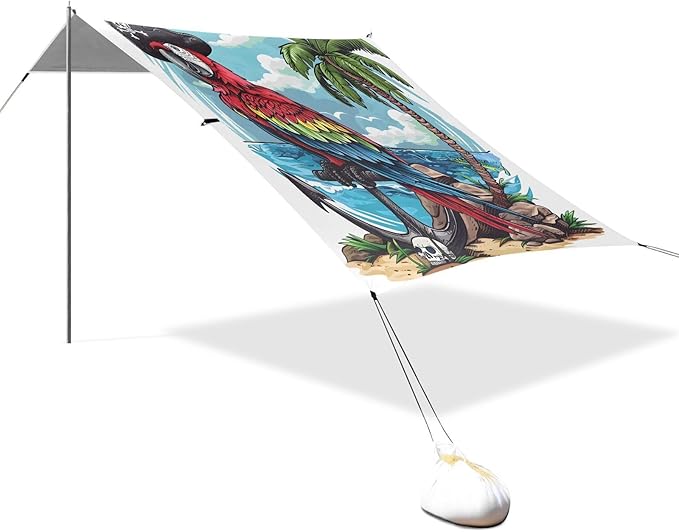 ALAZA Pirate Parrot Beach Tent Sun Shelter UPF50+ Protection Beach Shade Canopy w/ 4 Sandbags for Outdoor Camping Fishing Backyard Fun Picnic 10x9 ft
