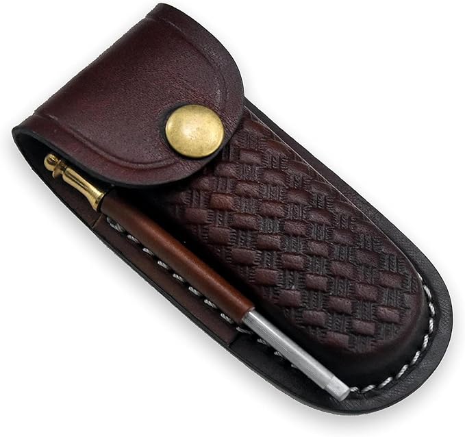 Damascus Steel Pocket Folding Knife Trapper folding knife Knife Leather Sheath Custom Hand Forged knives for Outdoor Survival Hunting Camping edc &amp Hiking Edge Sharpner Rod (TEXAS FLAG HANDL