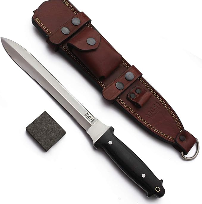 GCS Handmade Survival Tactical Hunting Black G10 Handle with Brown Leather Right or Left Hand Horizontal Fixed Blade Knife Sheath &amp Sharpening Stone GCS231