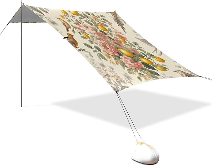Lemon Floral and Birds Beach Tent Sun Shelter Set UPF50+ UV Protection 10.5 x 9.19 FT Camping Shade Canopy with Sandbags Sand Anchors Carrying Bag and Others